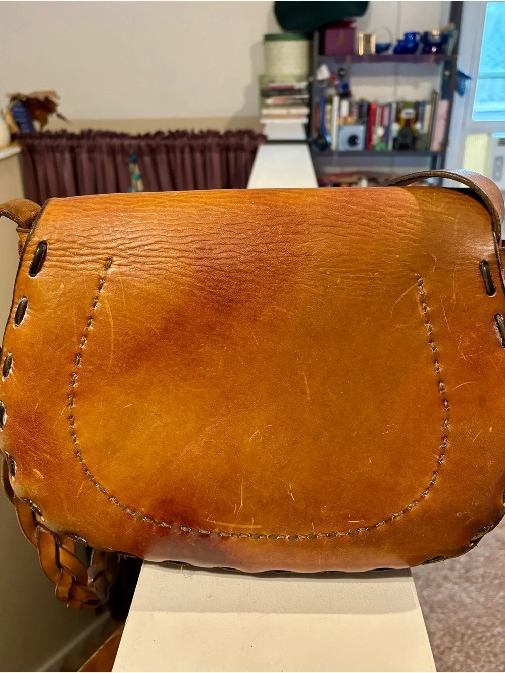 Vintage Brown Leather Braided Crossbody Bag